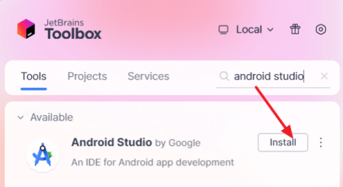 install android studio in jetbrain tool box